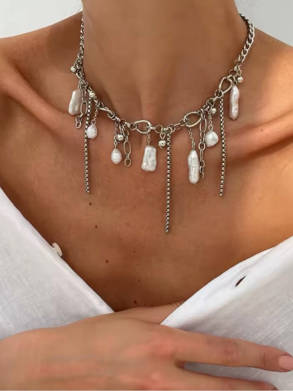 Silver Chain Pearl Charm Necklace - Women Jewelry Retro